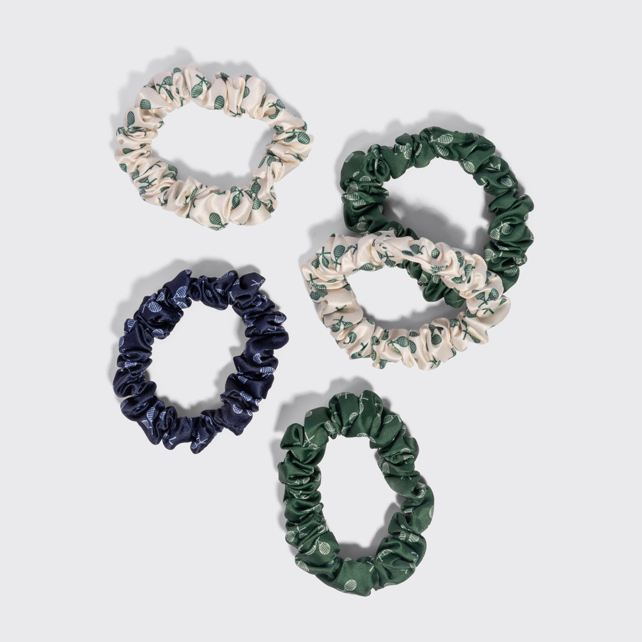Cream. Court Green & Navy Blue Ruched Satin Scrunchies 5pc Set - Image 5
