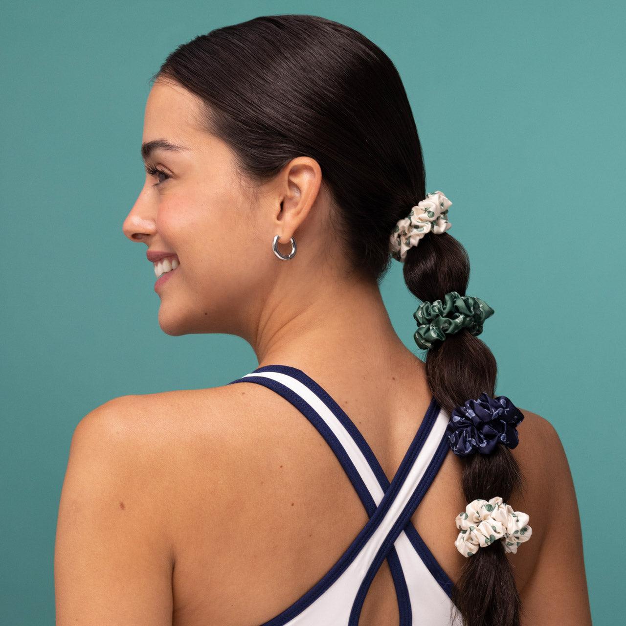 Cream. Court Green & Navy Blue Ruched Satin Scrunchies 5pc Set - Image 4