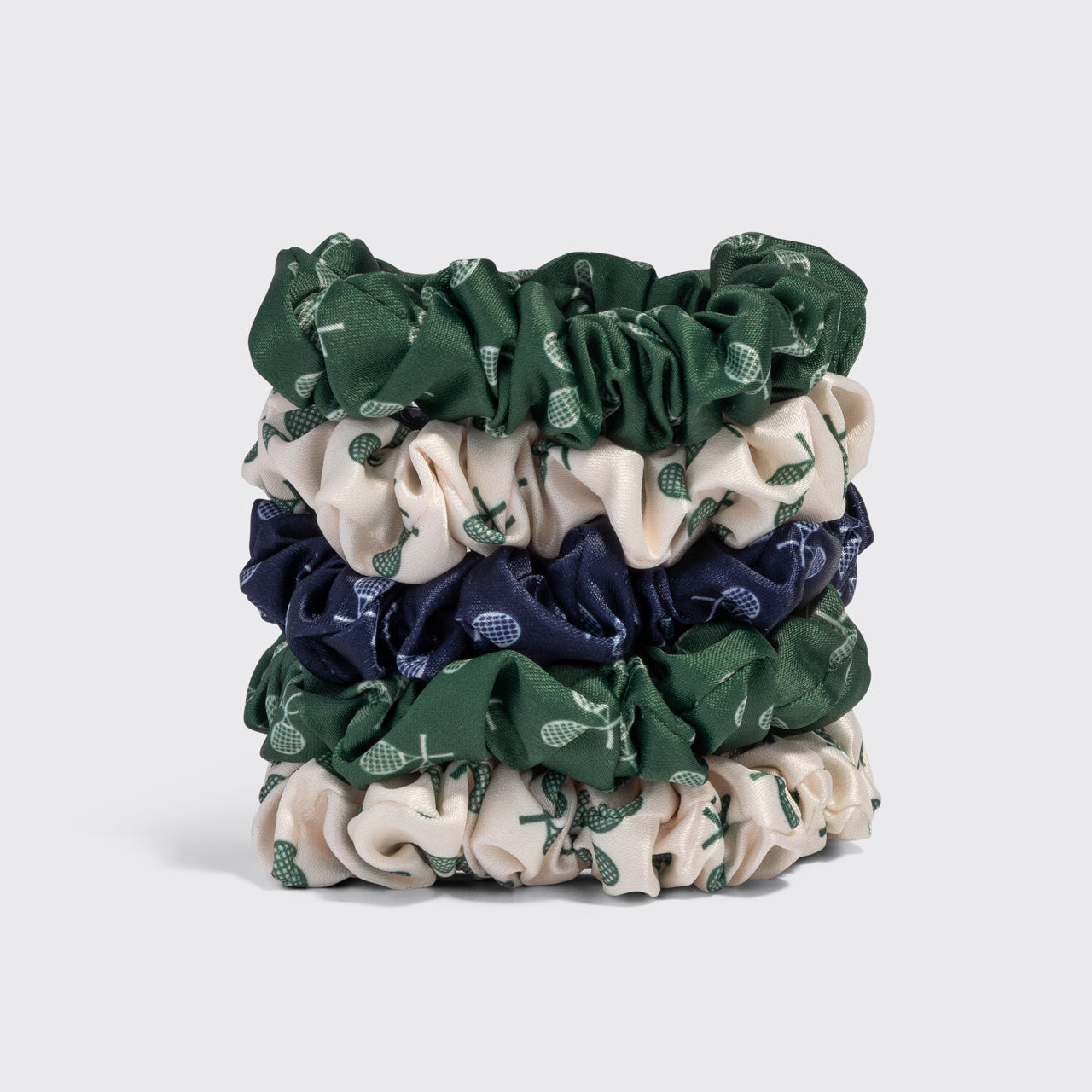 Cream. Court Green & Navy Blue Ruched Satin Scrunchies 5pc Set - Image 3